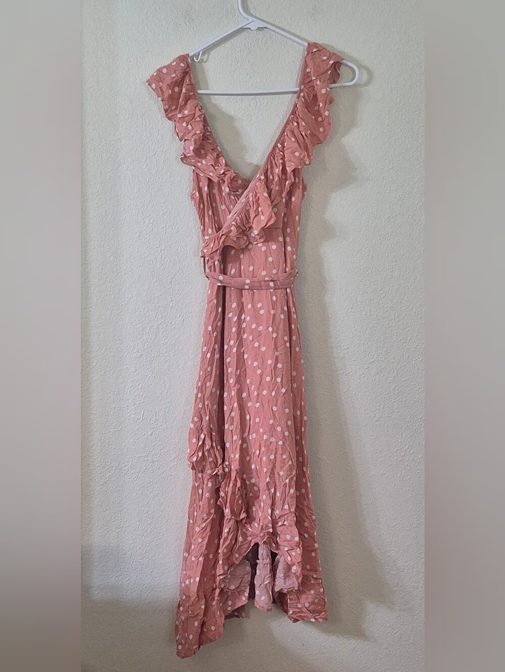 Polka Dot Ruffle High-Low Dress in Dusty Pink